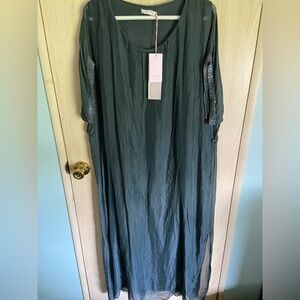 Viscose/Silk blend Flowy Dark Gray/Green Maxi Dress with Embellished Sleeves.